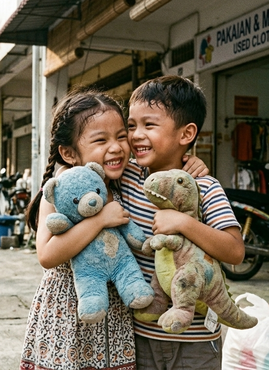 happy children with their used soft toys